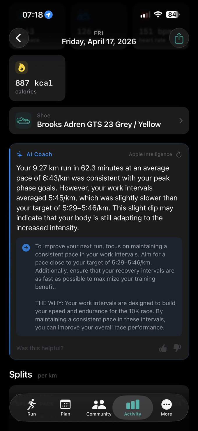 Post-run summary continued — 887 kcal calories, the assigned shoe (Brooks Adrenaline GTS 23), and an AI Coach card written by Apple Intelligence analysing the run's work intervals against the plan target with a 'the why' explanation.