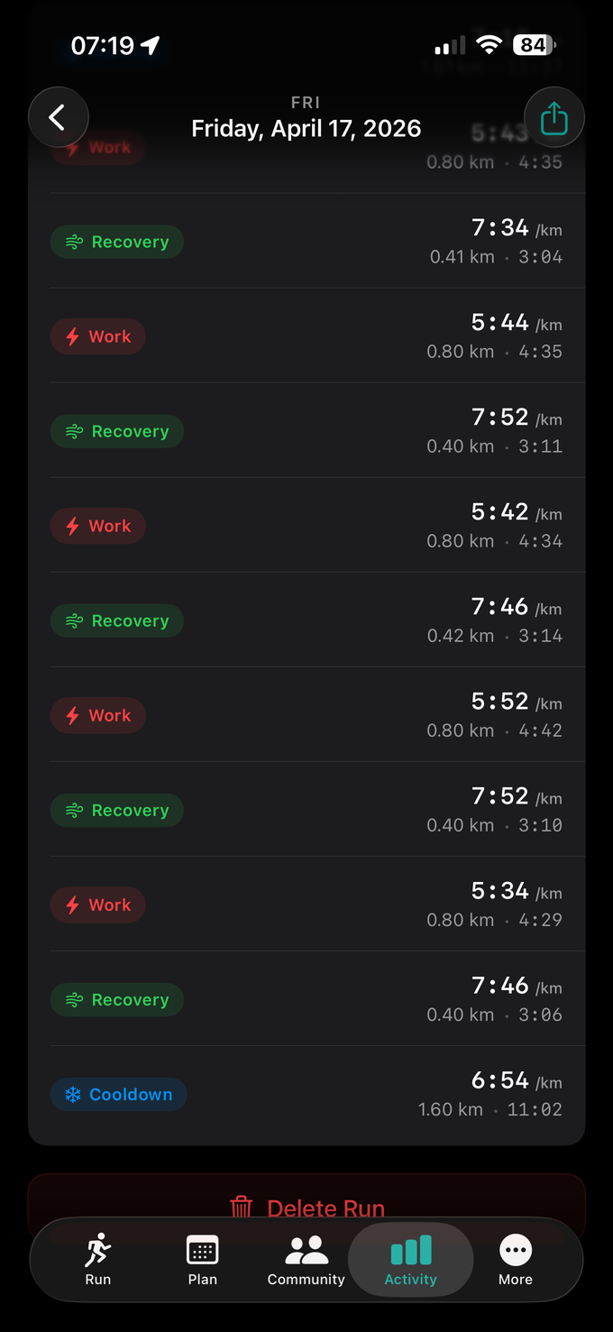 Post-run summary Workout Steps breakdown — alternating Work and Recovery interval steps each with their pace, distance and time, ending with the Cooldown step, and a Delete Run button at the bottom.