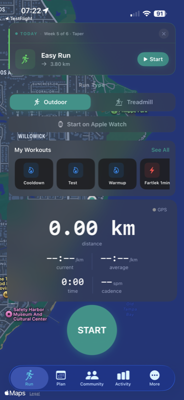 Pre-run screen showing the Outdoor / Treadmill toggle set to Outdoor, today's plan workout banner reading 'TODAY · Week 5 of 6 · Taper — Easy Run 3.80 km' with a Start button, a Start on Apple Watch button, the My Workouts horizontal scroll showing Cooldown, Test, Warmup and Fartlek tiles, a GPS metrics panel with heart rate, time, distance and pace, and a large START button at the bottom
