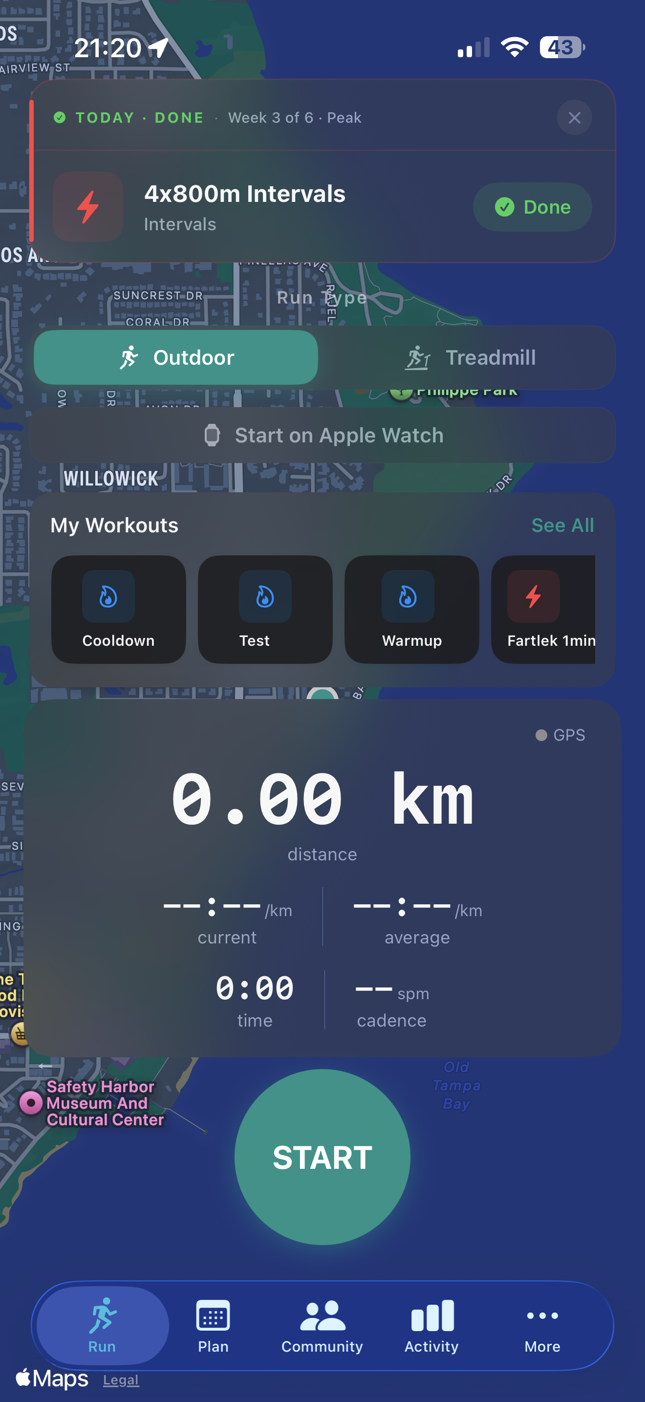 Cursa Run tab showing the pre-run screen with map, Outdoor and Treadmill mode selector, My Workouts section, and the full tab bar at the bottom