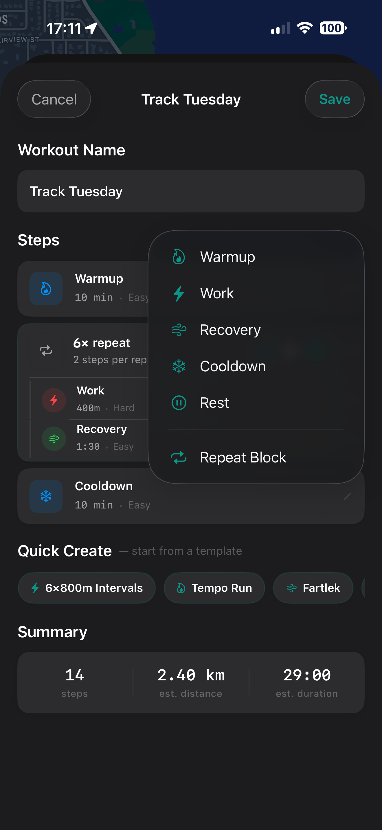 Add step menu showing Warmup, Work, Recovery, Cooldown, Rest, and Repeat Block options