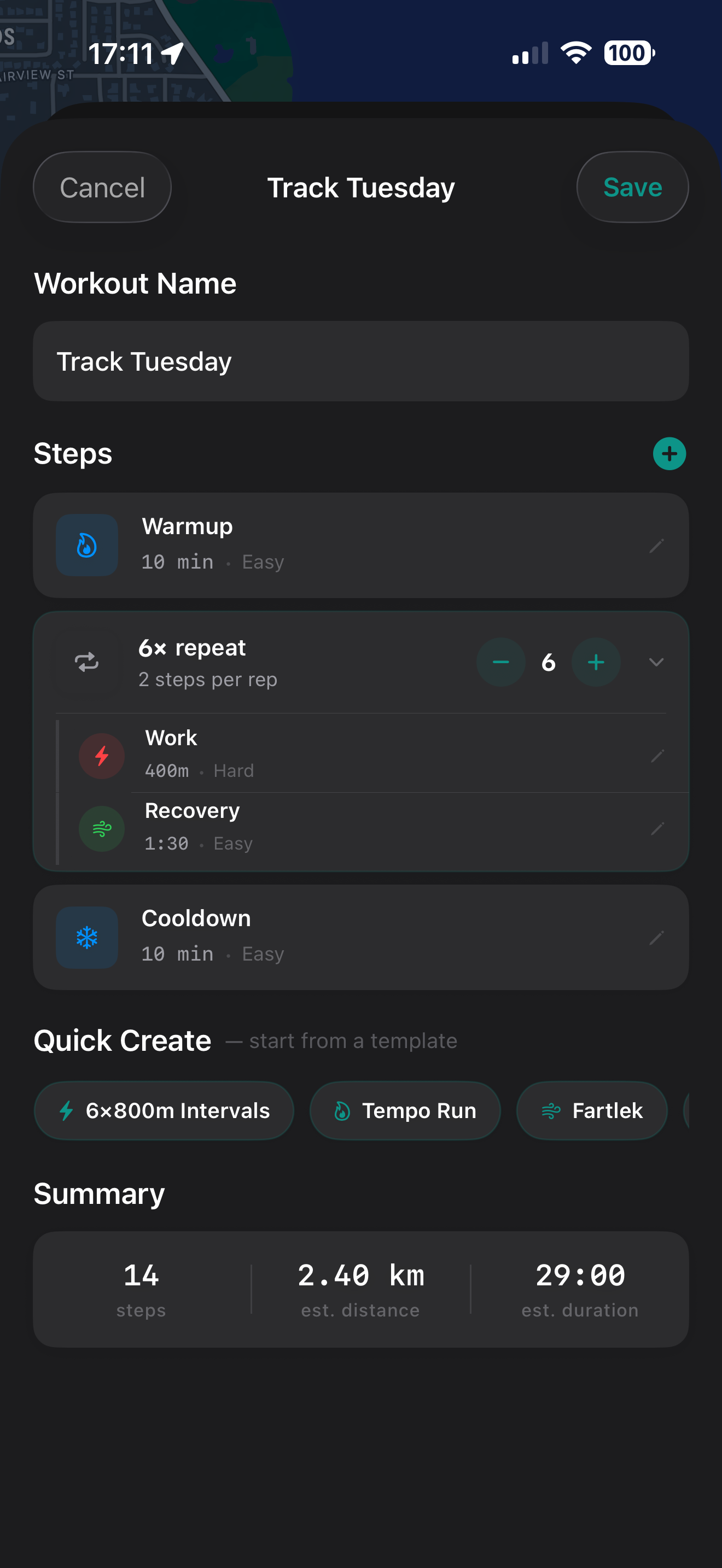 Workout builder showing a Track Tuesday workout with warmup, 6x repeat block of 400m work and recovery, and cooldown