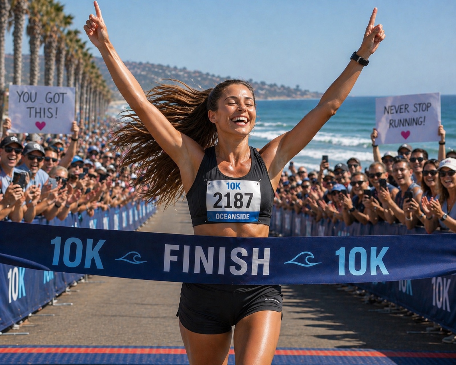 A runner crossing the Oceanside 10K finish line with both arms raised, bib number 2187, palm trees lining the left side of the road and the Pacific Ocean to her right. The crowd cheers from both sides holding signs that read You got this and Never stop running.