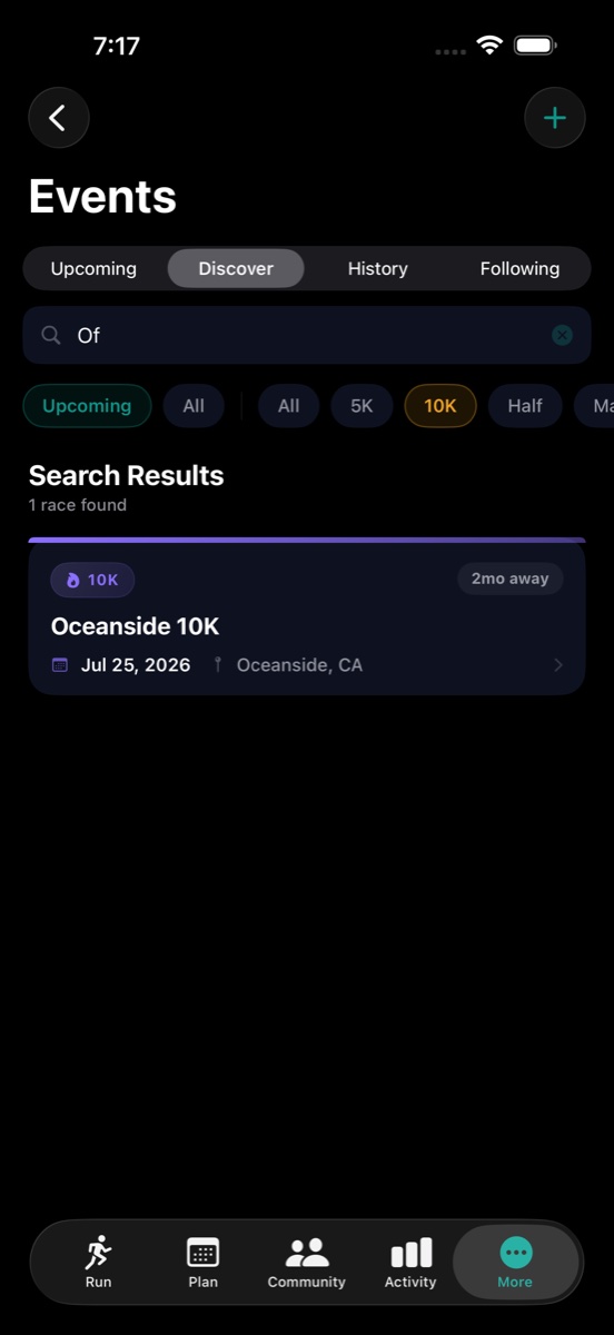 Cursa Events Discover screen on iPhone. Race cards show upcoming events with distance, location, and date. Distance and date filter chips appear at the top of the list.