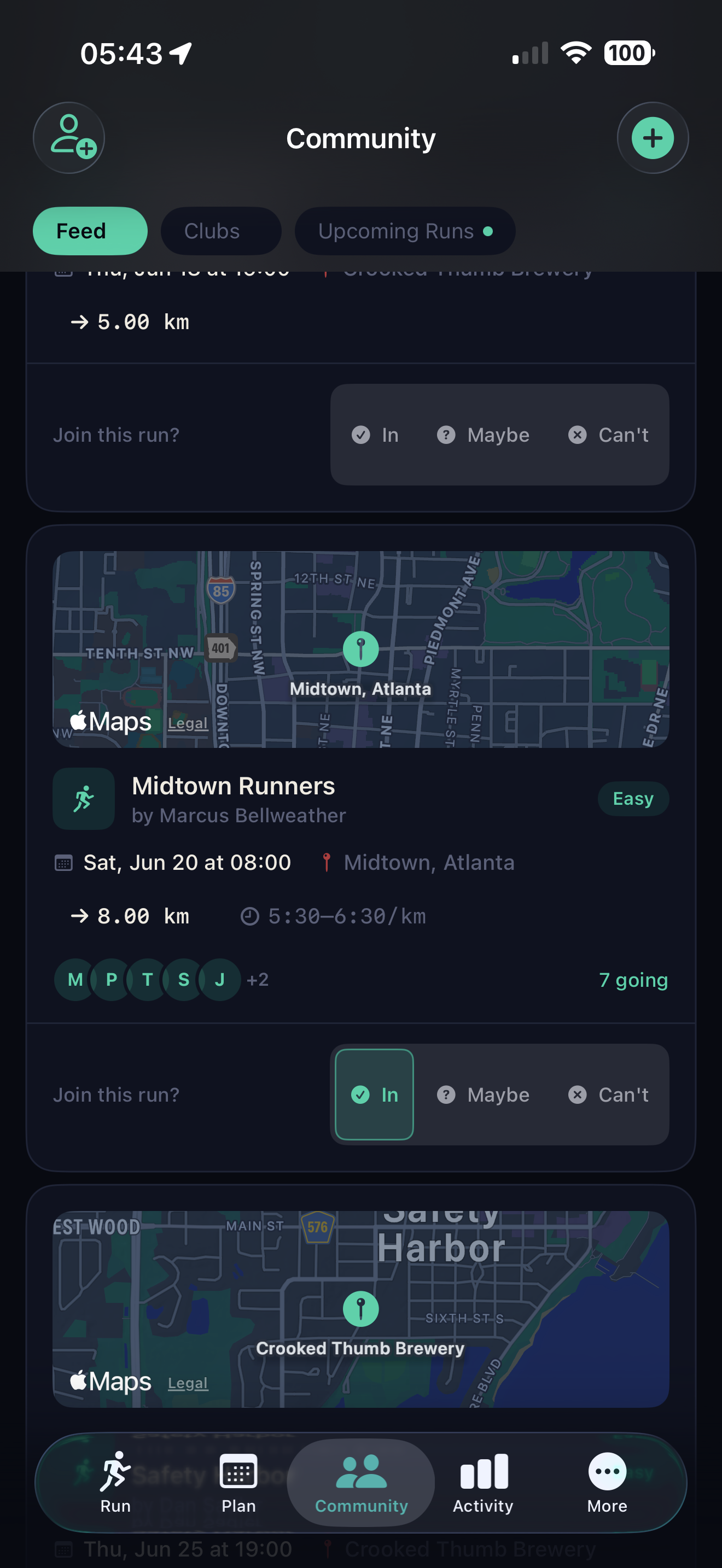 Cursa group run in the Community feed on iPhone — the Midtown Runners run by Marcus Bellweather, with the meeting point shown on a map of Midtown, Atlanta. Details: Saturday June 20 at 08:00, 8.00 km at 5:30–6:30 per kilometre, a row of member avatars showing 7 going, and In / Maybe / Can't RSVP buttons.