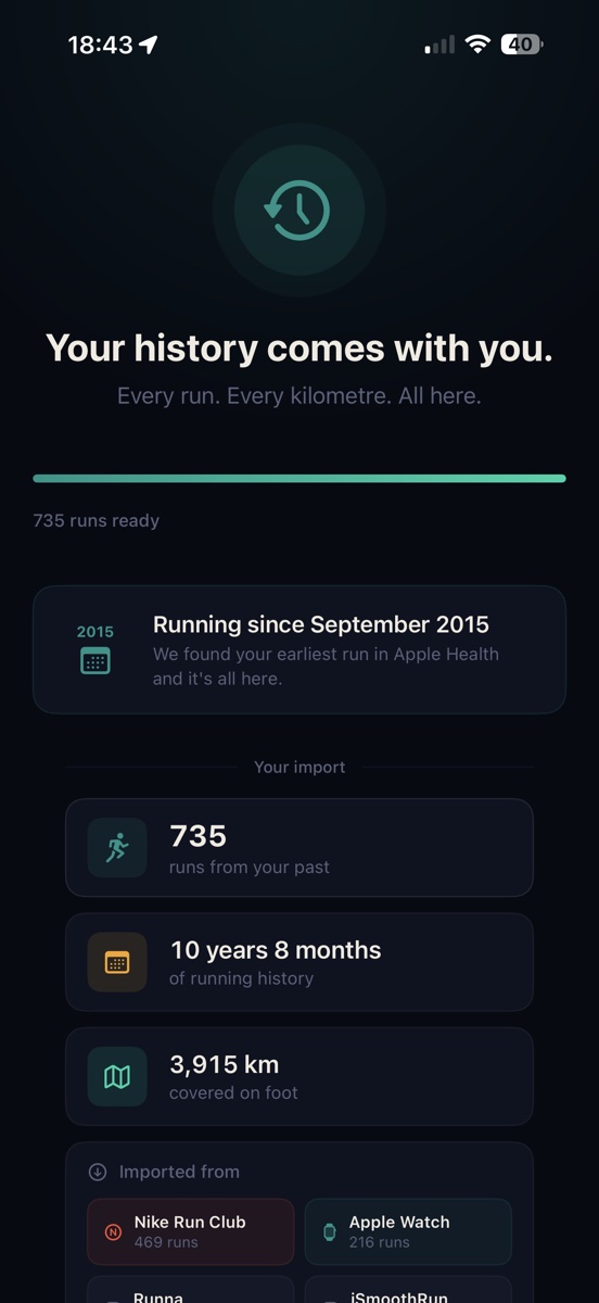 Cursa import summary on iPhone. Three cards: '735 runs from your past', '10 years 8 months of running history', '3,915 km covered on foot'. An 'Imported from' grid shows source apps with run counts: Nike Run Club 469, Apple Watch 216, Runna 17, iSmoothRun 5, Apple Health 2, Aaptiv 2, Map My Run 2. Primary CTA reads 'Find your next race'.