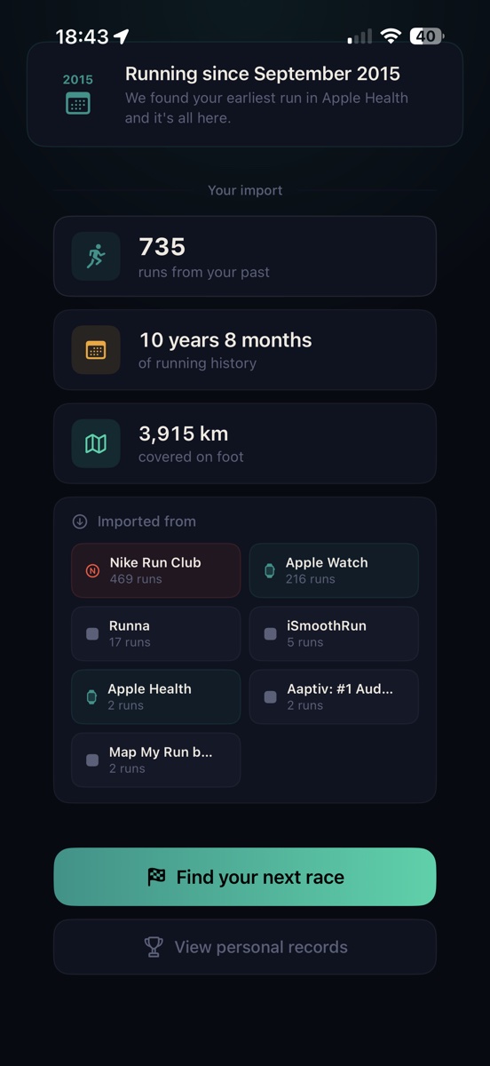 Cursa import screen on iPhone. Headline reads 'Your history comes with you.' A completed progress bar shows '735 runs ready.' A highlighted card reads 'Running since September 2015 — We found your earliest run in Apple Health and it's all here.'