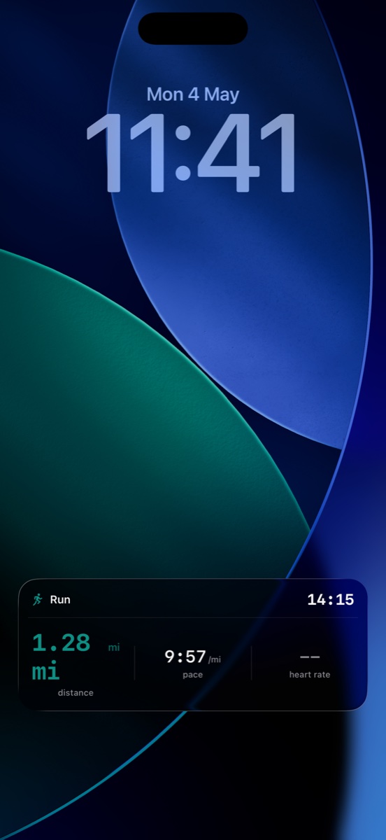 iPhone Lock Screen showing a Cursa Live Activity card during a run. Headline reads Run with elapsed time 14:15. Stats below: 1.28 mi distance, pace 9:57/mi, heart rate dashes.