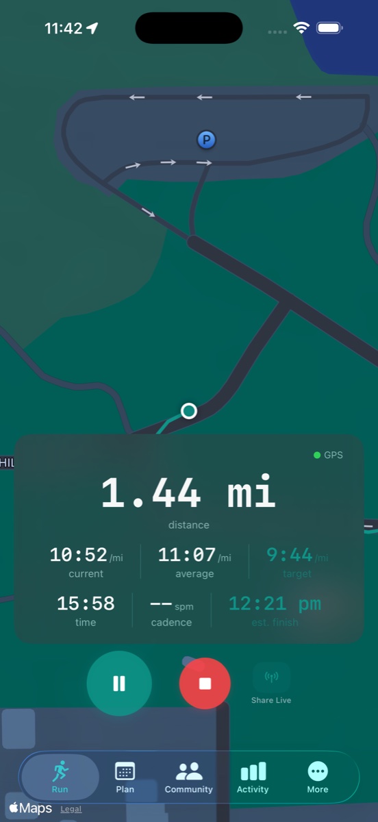 Cursa active run screen on iPhone. The map fills the upper half with a route overlay; the lower stats panel shows 1.44 mi distance, current pace 10:52/mi, average pace 11:07/mi, target pace 9:44/mi, time 15:58, cadence dashes, estimated finish 12:21 pm. A green pause button and red stop button sit above a Share Live action.