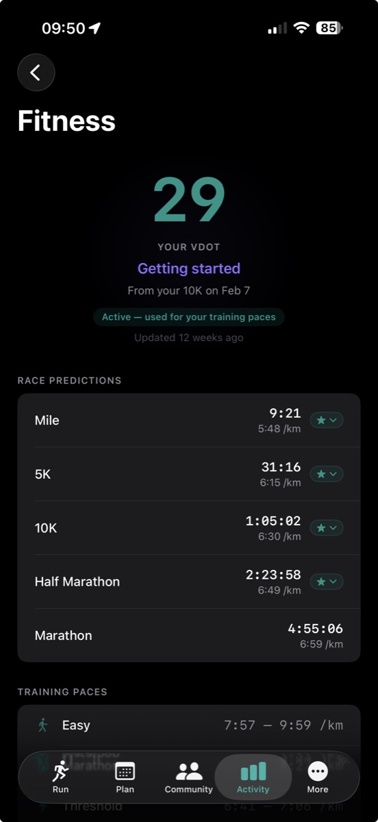 Cursa Fitness screen on iPhone. VDOT score 29 with Getting started label, sourced from a 10K on Feb 7. Race Predictions table lists Mile 9:21, 5K 31:16, 10K 1:05:02, Half Marathon 2:23:58, Marathon 4:55:06. Training Paces section begins with Easy 7:57–9:59 per kilometer.