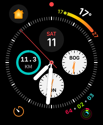 Circular complication showing 11.3 KM with teal progress ring