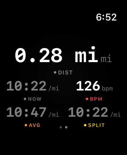 Cursa Watch grid view showing distance, pace, heart rate, avg pace, and split pace
