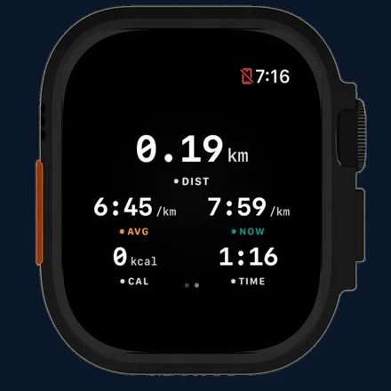 Cursa Watch grid view showing distance, current pace, average pace, calories, and elapsed time