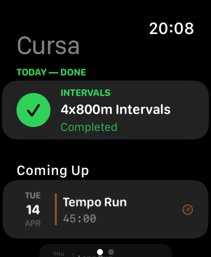 Cursa Apple Watch plan home screen showing TODAY — DONE with a completed 4x800m Intervals workout and Coming Up section with Tempo Run on Tuesday