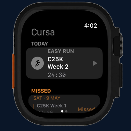 Cursa Watch main screen showing a TODAY section with an EASY RUN card titled 'C25K Week 2' and a 24:30 target, plus the start of a MISSED section below.