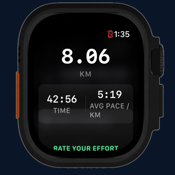 Cursa Watch post-run summary showing a completed 8.06 km run with the distance as the hero number, 42:56 total time, 5:19 average pace per km, and a 'Rate your effort' prompt in green at the bottom.